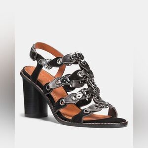 COACH NWOT Black Leather Strappy Block Heel Sandal with 'Coach' Link - Size 9.5